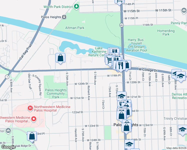 map of restaurants, bars, coffee shops, grocery stores, and more near 11913 Richard Avenue in Palos Heights
