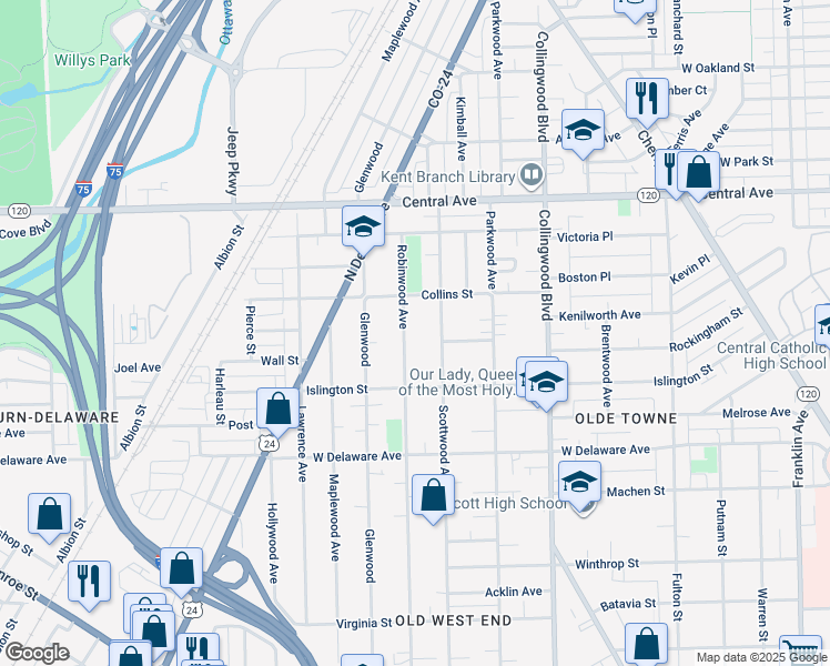map of restaurants, bars, coffee shops, grocery stores, and more near 2708 Robinwood Avenue in Toledo