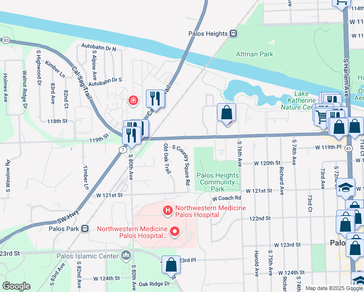 map of restaurants, bars, coffee shops, grocery stores, and more near 15 South Country Squire Road in Palos Heights