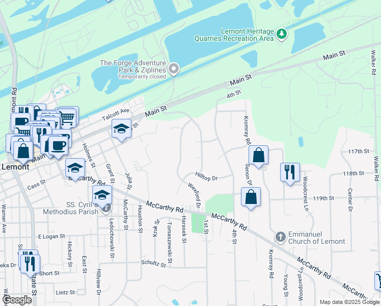 map of restaurants, bars, coffee shops, grocery stores, and more near 5 Wheeler Court in Lemont