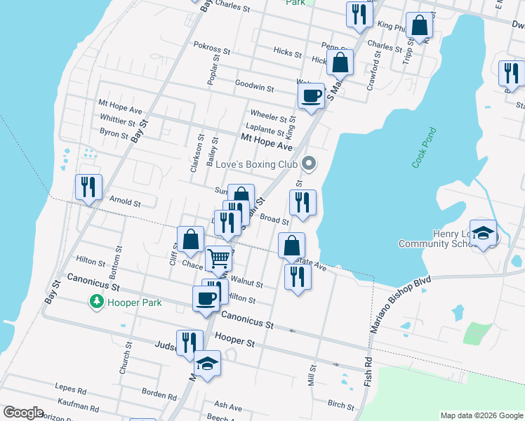 map of restaurants, bars, coffee shops, grocery stores, and more near 30 Broad Street in Fall River