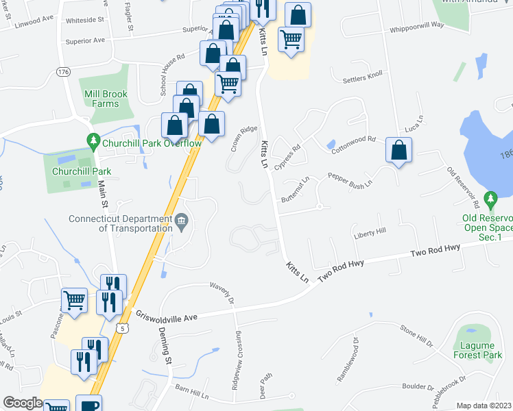 map of restaurants, bars, coffee shops, grocery stores, and more near 31 Woodsedge Drive in Newington