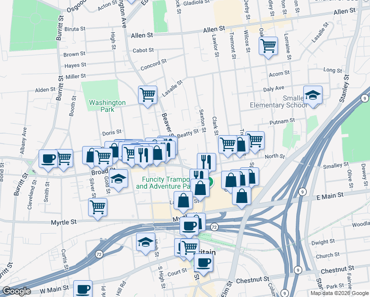 map of restaurants, bars, coffee shops, grocery stores, and more near 113 Beaver Street in New Britain