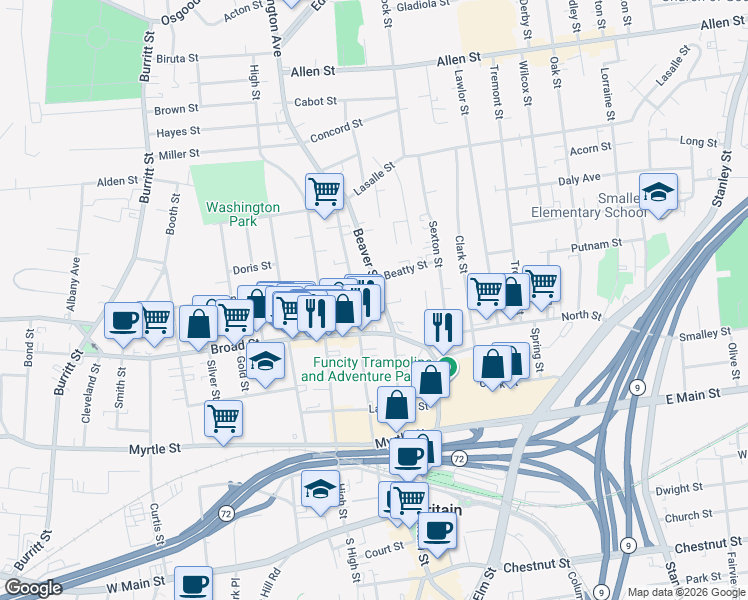 map of restaurants, bars, coffee shops, grocery stores, and more near 237 Washington Street in New Britain