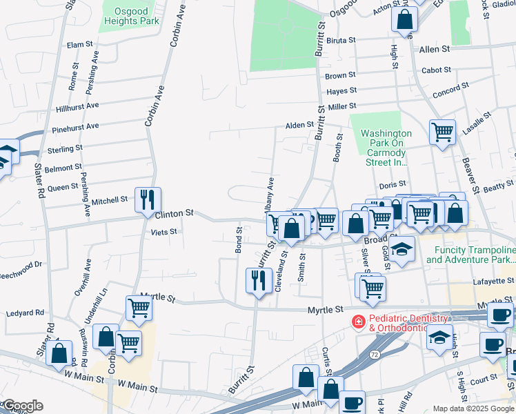 map of restaurants, bars, coffee shops, grocery stores, and more near 30 Nash Street in New Britain