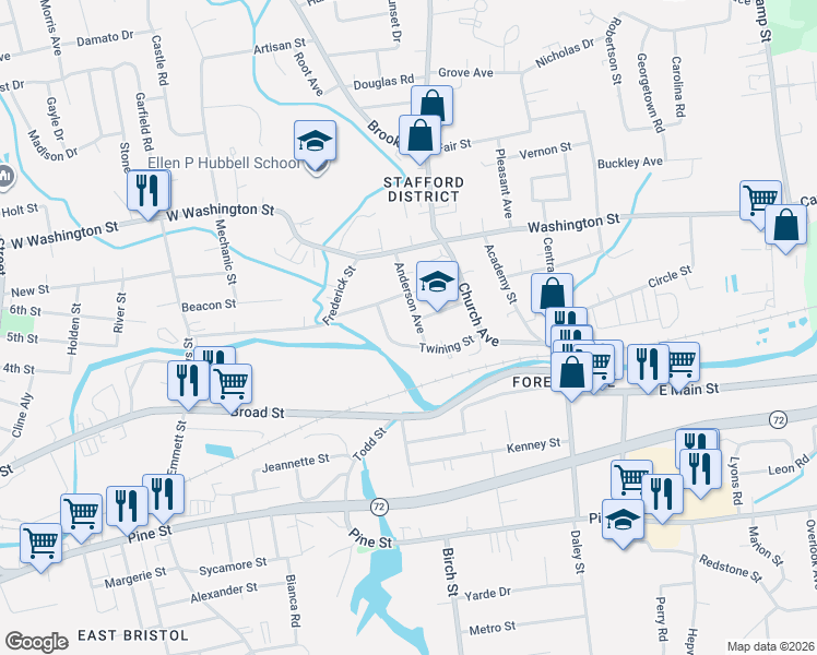 map of restaurants, bars, coffee shops, grocery stores, and more near 29 Anderson Avenue in Bristol