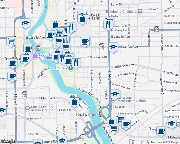 map of restaurants, bars, coffee shops, grocery stores, and more near 212 South Notre Dame Avenue in South Bend