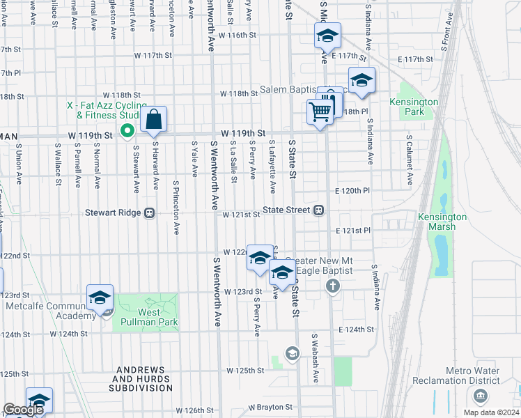 map of restaurants, bars, coffee shops, grocery stores, and more near 12056 South Lafayette Avenue in Chicago
