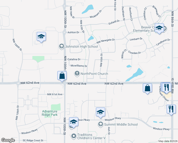 map of restaurants, bars, coffee shops, grocery stores, and more near 6229 NW 97th St in Johnston