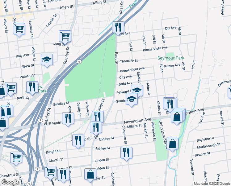 map of restaurants, bars, coffee shops, grocery stores, and more near 799 East Street in New Britain