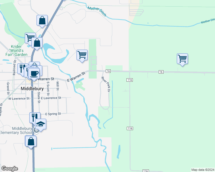 map of restaurants, bars, coffee shops, grocery stores, and more near 113 River Park Dr in Middlebury