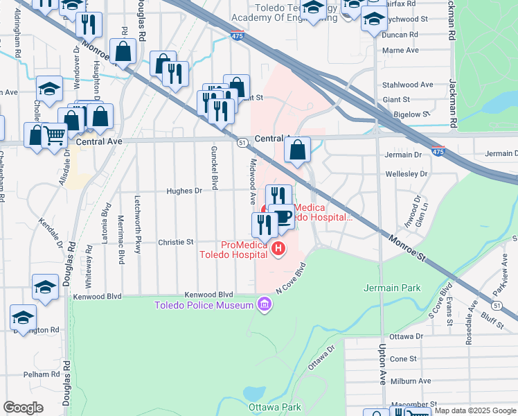map of restaurants, bars, coffee shops, grocery stores, and more near 2810 Midwood Ave in Toledo