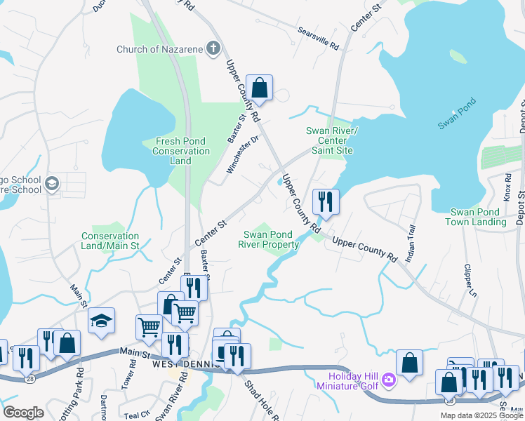 map of restaurants, bars, coffee shops, grocery stores, and more near 163 Center Street in Dennis
