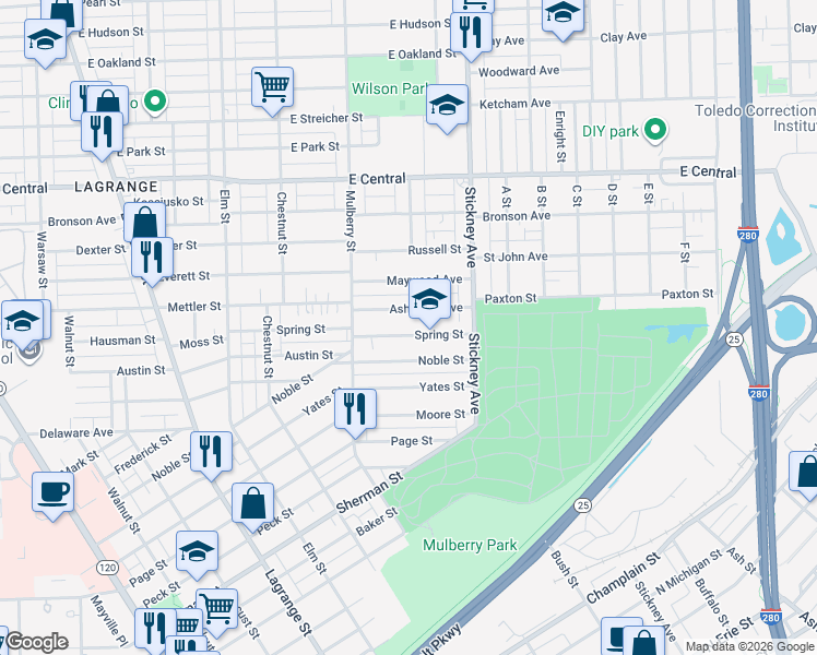 map of restaurants, bars, coffee shops, grocery stores, and more near 657 Spring Street in Toledo