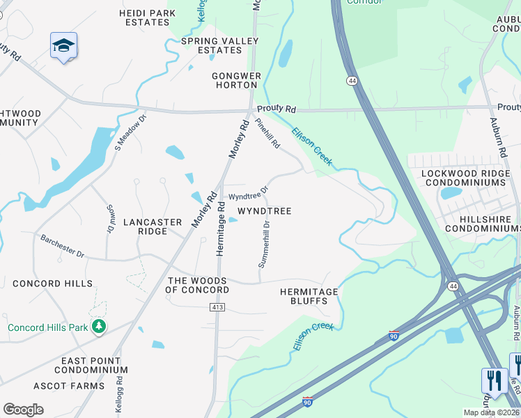 map of restaurants, bars, coffee shops, grocery stores, and more near 7190 Summerhill Drive in Painesville