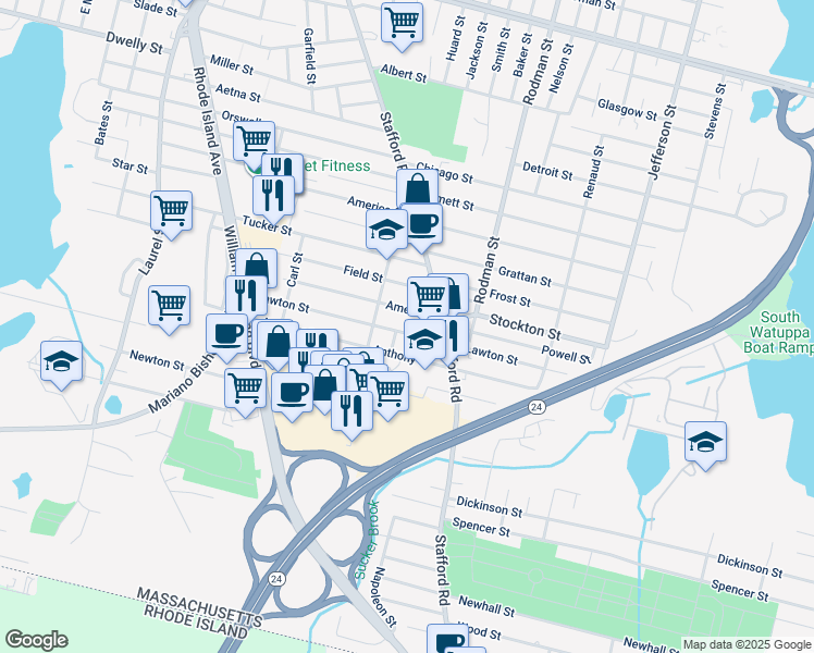 map of restaurants, bars, coffee shops, grocery stores, and more near 344 Lawton St in Fall River