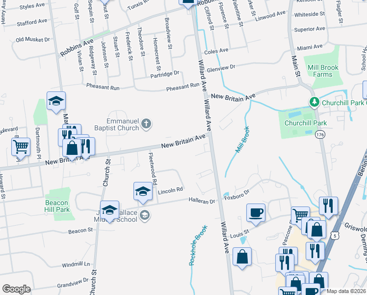 map of restaurants, bars, coffee shops, grocery stores, and more near 245 New Britain Avenue in Newington