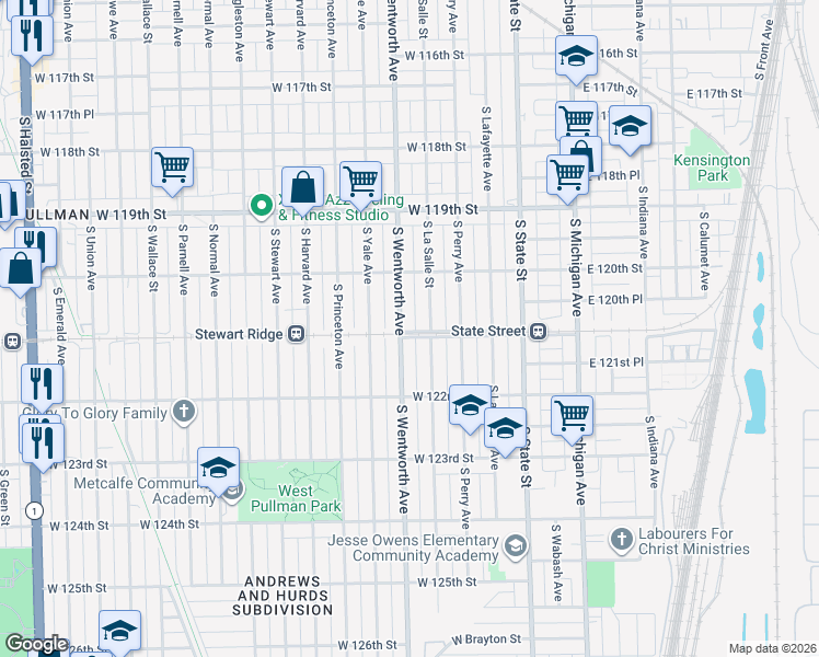 map of restaurants, bars, coffee shops, grocery stores, and more near 12057 South Wentworth Avenue in Chicago