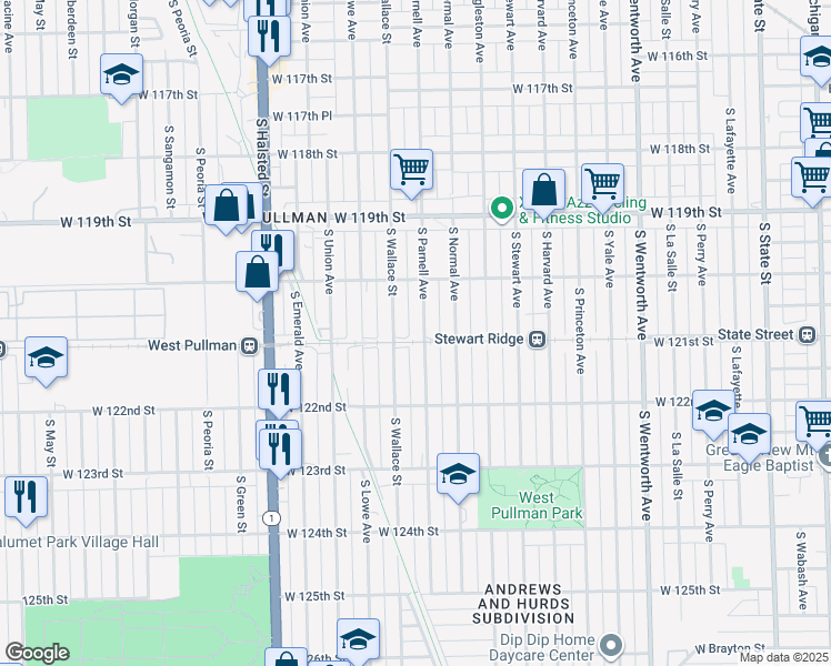map of restaurants, bars, coffee shops, grocery stores, and more near 12050 S Parnell Ave in Chicago