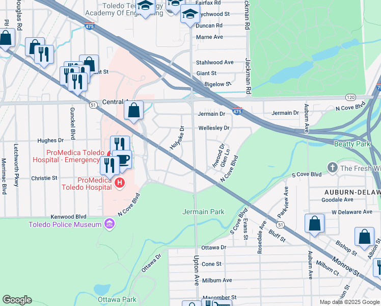 map of restaurants, bars, coffee shops, grocery stores, and more near 2737 Upton Ave in Toledo