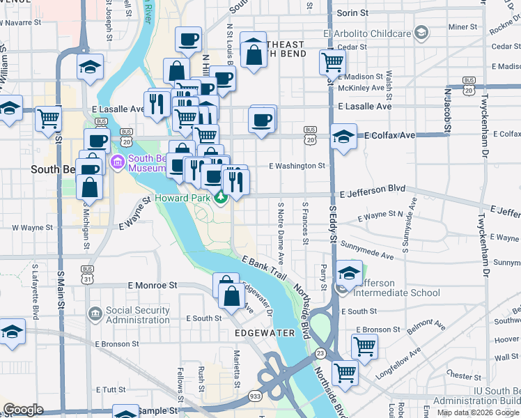 map of restaurants, bars, coffee shops, grocery stores, and more near 216 South Saint Peter Street in South Bend