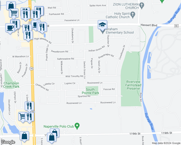 map of restaurants, bars, coffee shops, grocery stores, and more near 5331 Papaw Drive in Naperville