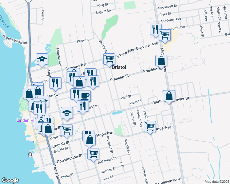 map of restaurants, bars, coffee shops, grocery stores, and more near 27 Buttonwood Street in Bristol