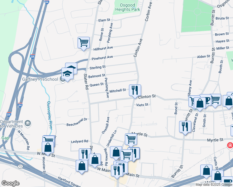 map of restaurants, bars, coffee shops, grocery stores, and more near 76 Mitchell St in New Britain