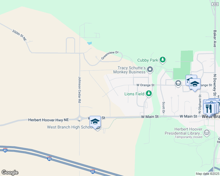 map of restaurants, bars, coffee shops, grocery stores, and more near 302 Ridge View Drive in West Branch