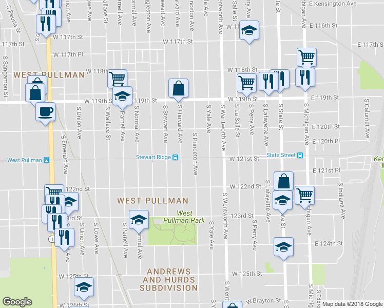 map of restaurants, bars, coffee shops, grocery stores, and more near 12054 South Princeton Avenue in Chicago