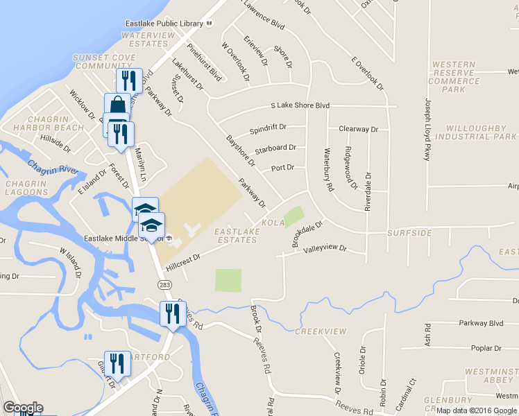 map of restaurants, bars, coffee shops, grocery stores, and more near 354 Parkway Drive in Eastlake