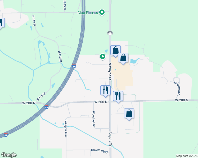map of restaurants, bars, coffee shops, grocery stores, and more near 380 Eyster Drive in Angola