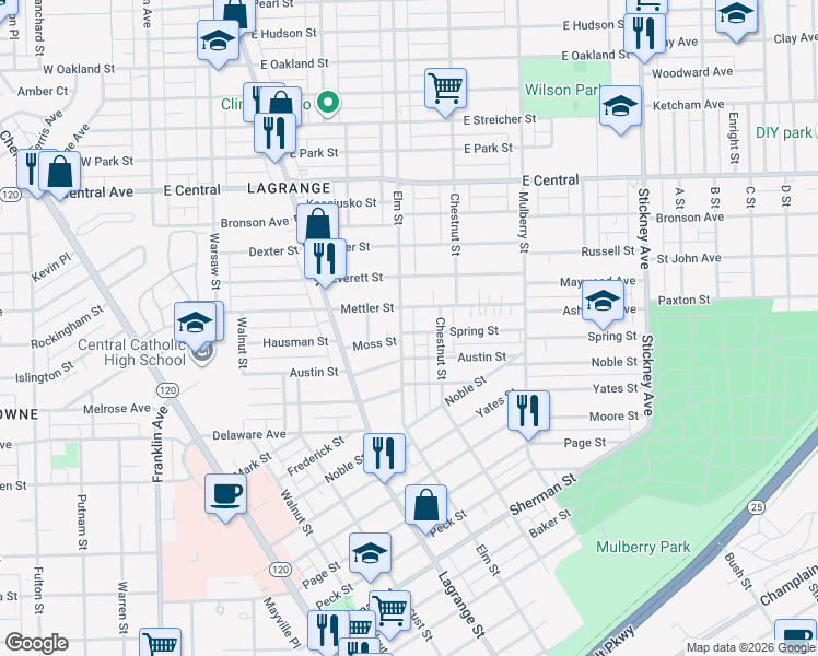 map of restaurants, bars, coffee shops, grocery stores, and more near 2741 Elm Street in Toledo