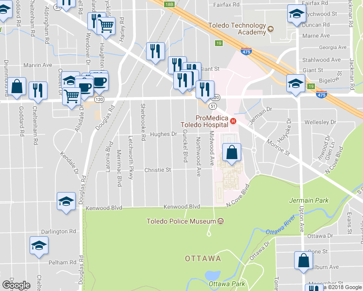 map of restaurants, bars, coffee shops, grocery stores, and more near 2815 Gunckel Boulevard in Toledo