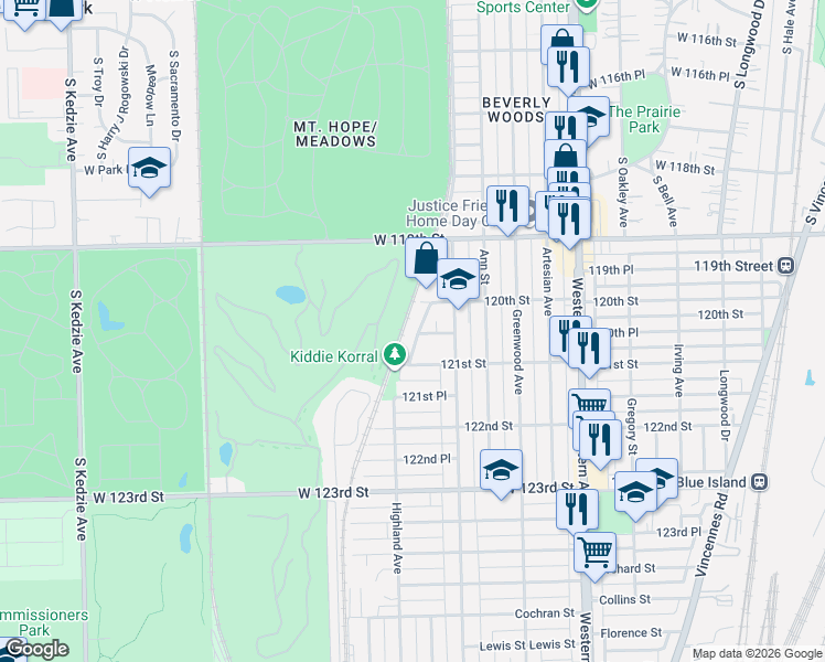 map of restaurants, bars, coffee shops, grocery stores, and more near 12026 Elm Drive in Blue Island