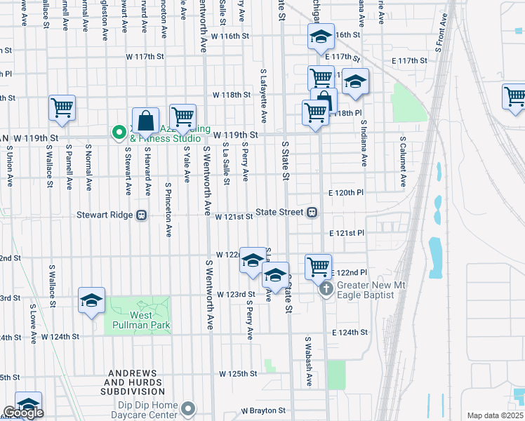 map of restaurants, bars, coffee shops, grocery stores, and more near 12056 South Lafayette Avenue in Chicago