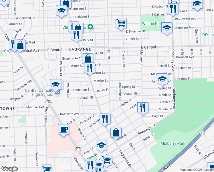map of restaurants, bars, coffee shops, grocery stores, and more near 2741 Elm St in Toledo
