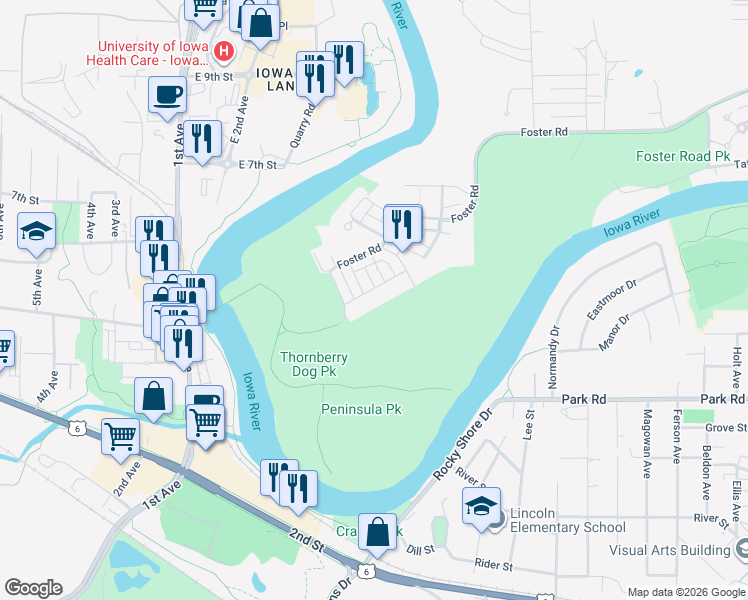 map of restaurants, bars, coffee shops, grocery stores, and more near 1513 McCleary Lane in Iowa City