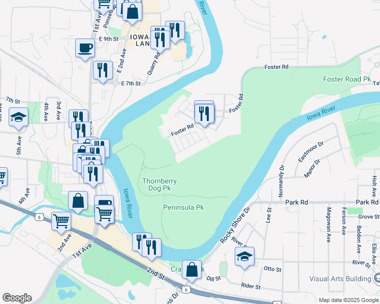 map of restaurants, bars, coffee shops, grocery stores, and more near 1513 McCleary Lane in Iowa City