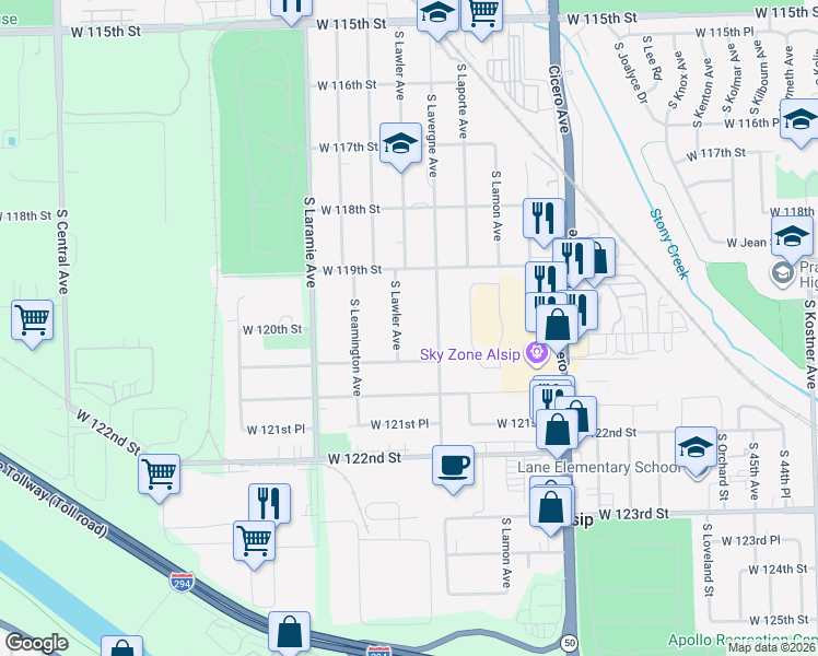 map of restaurants, bars, coffee shops, grocery stores, and more near 11941 South Lawler Avenue in Alsip