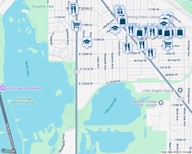 map of restaurants, bars, coffee shops, grocery stores, and more near 2130 Lake Avenue in Whiting