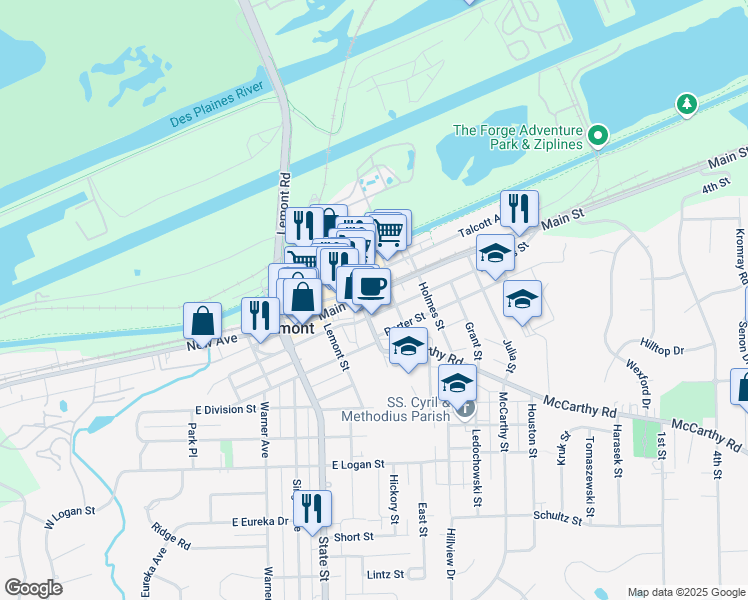 map of restaurants, bars, coffee shops, grocery stores, and more near 410 Main Street in Lemont