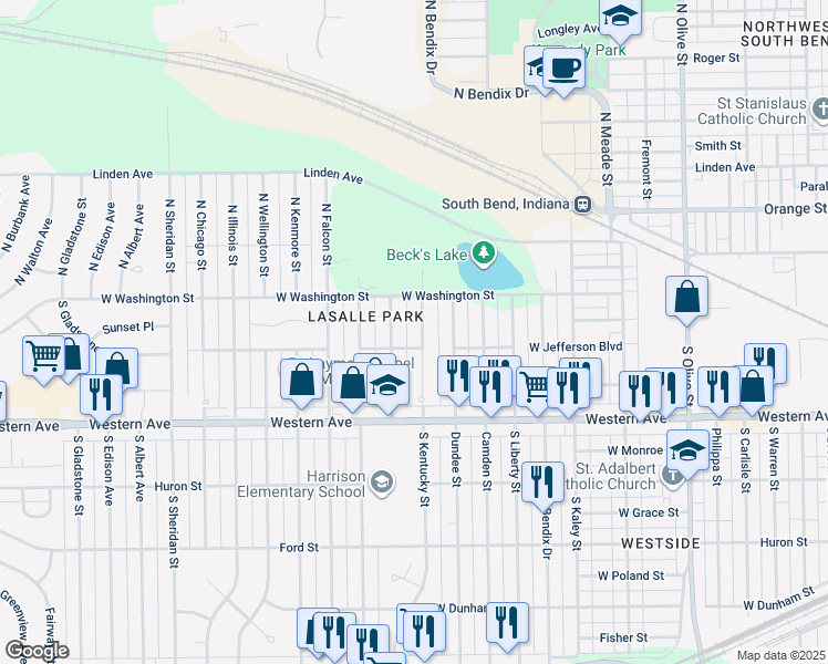 map of restaurants, bars, coffee shops, grocery stores, and more near 106-198 South Kentucky Street in South Bend