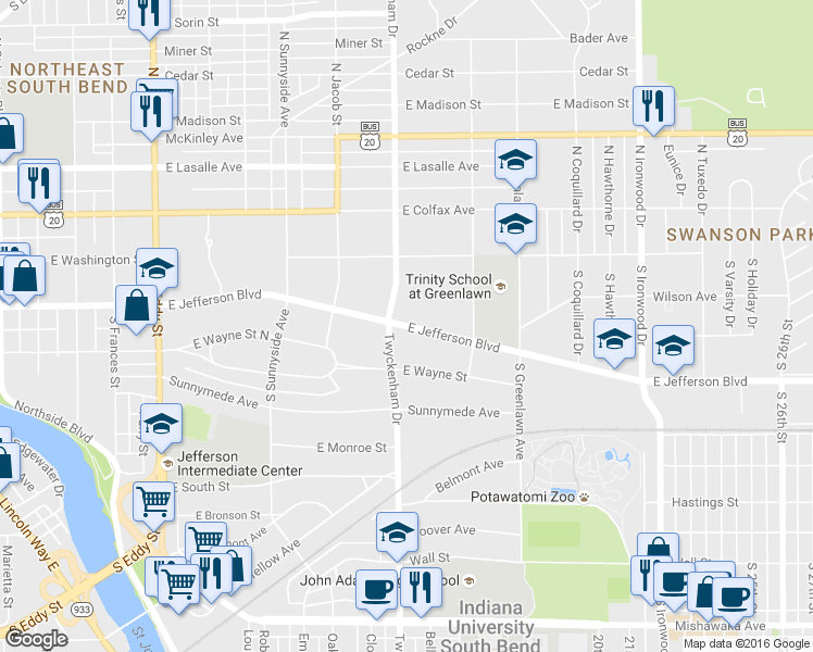 map of restaurants, bars, coffee shops, grocery stores, and more near 1515 East Jefferson Boulevard in South Bend