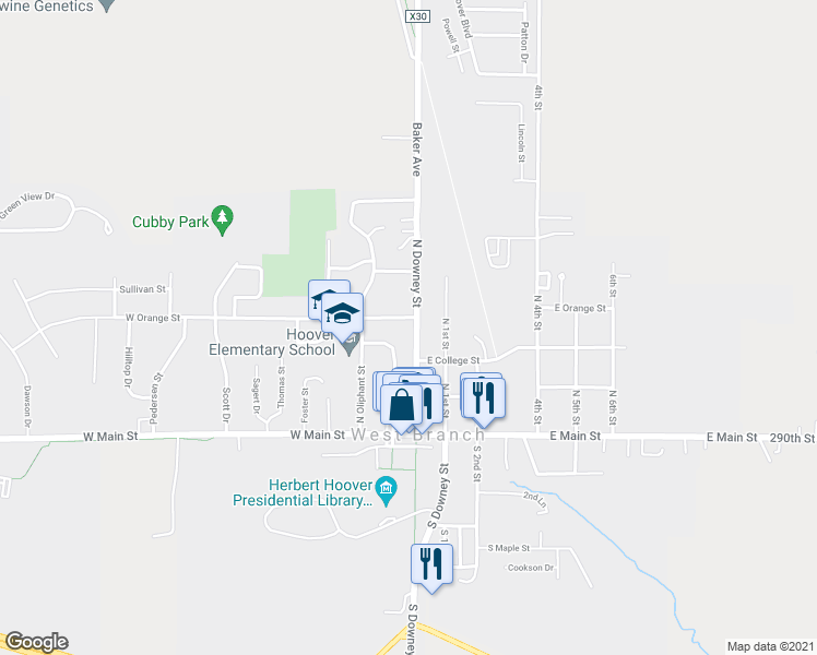 map of restaurants, bars, coffee shops, grocery stores, and more near 328 North Downey Street in West Branch