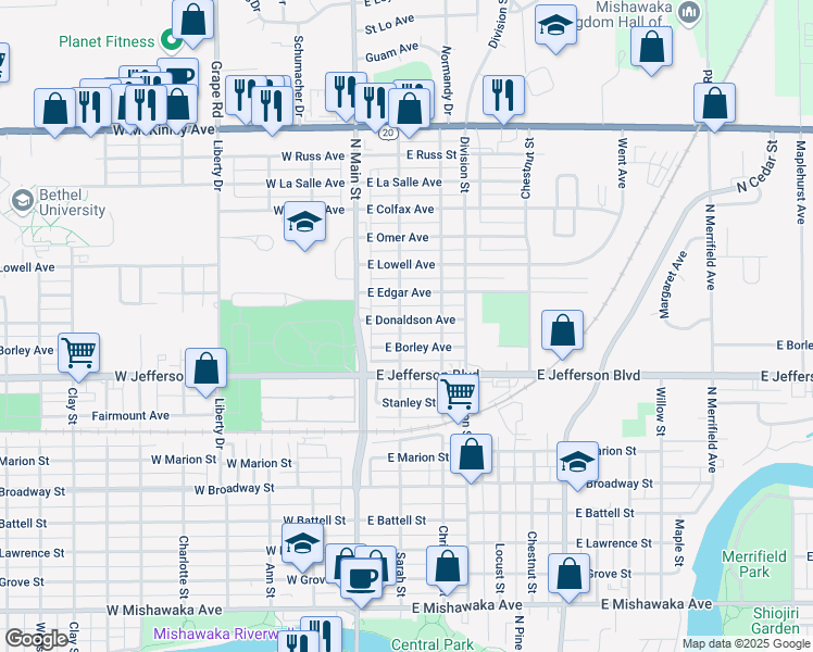 map of restaurants, bars, coffee shops, grocery stores, and more near 205 East Donaldson Avenue in Mishawaka