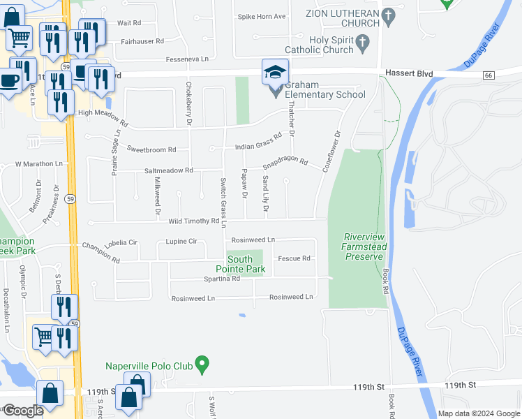 map of restaurants, bars, coffee shops, grocery stores, and more near 5335 Sand Lily Drive in Naperville