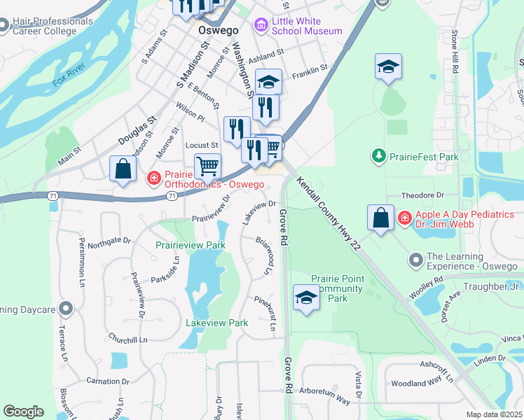 map of restaurants, bars, coffee shops, grocery stores, and more near 480 Lakeview Court in Oswego