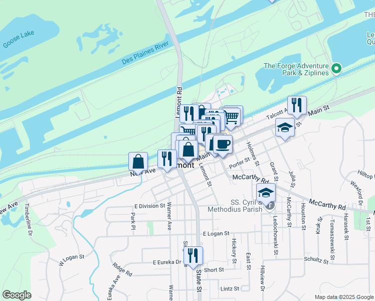 map of restaurants, bars, coffee shops, grocery stores, and more near 235 Canal Street in Lemont