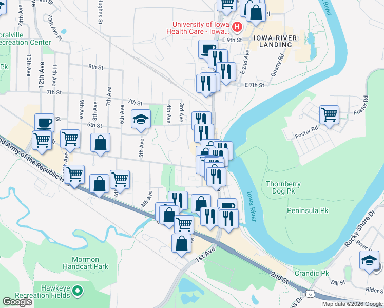 map of restaurants, bars, coffee shops, grocery stores, and more near 508 2nd Avenue in Coralville